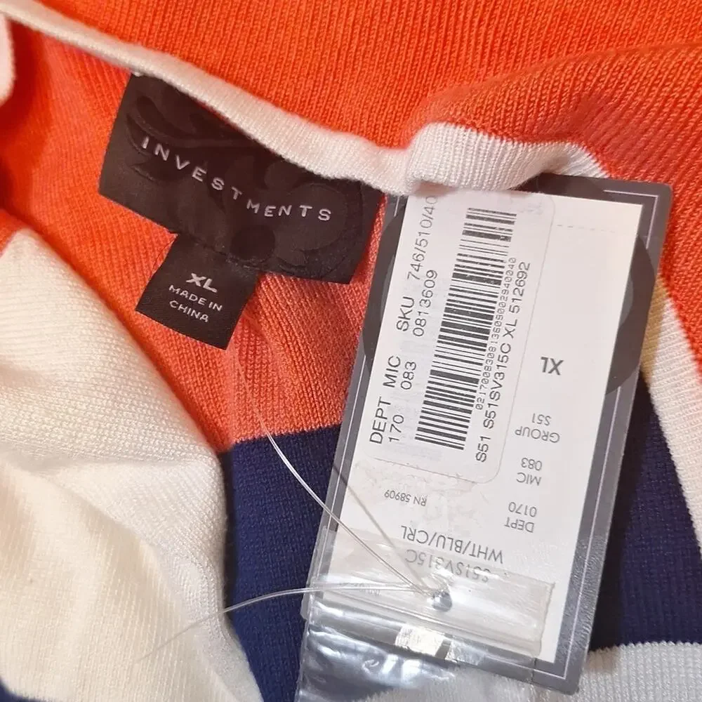 NWT Investments Striped Navy/White/ Melon Lightweight Sweater  sz XL (14?) #845